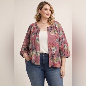 Hiatus Pink Floral Striped Open-Front Jacket with 3/4 Sleeves – Sz 3X